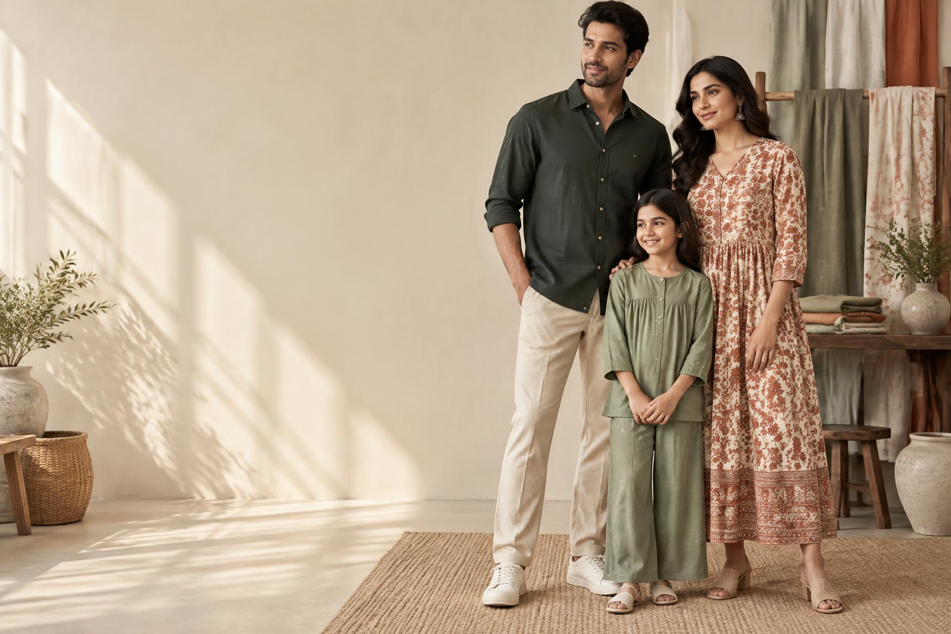 Yogi Fabrics family collection in considered Indian contemporary clothing